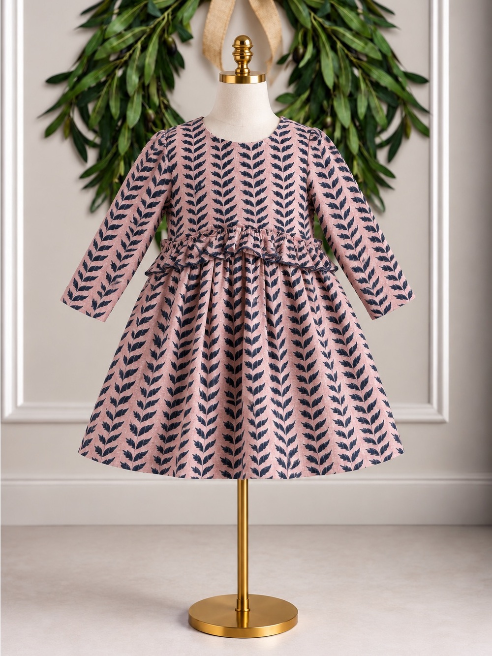 Pink Chicken Pink Teal Silver Leaf Print Long Sleeve Dress 4 Fall